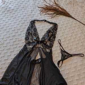 Shein Black Lace Babydoll and Panties Lingerie Set XL